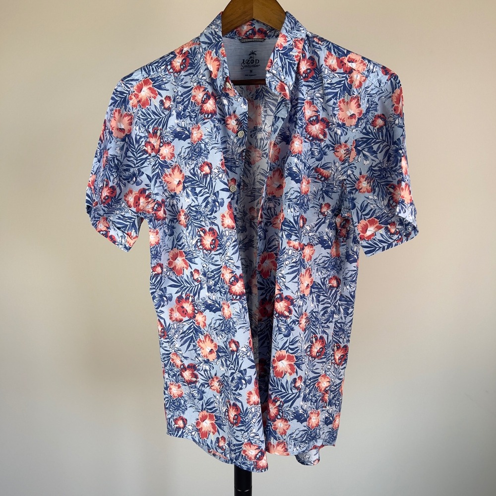 IZOD Saltwater Mens Medium Blue Coral Tropical Floral Cotton Button Down Shirt